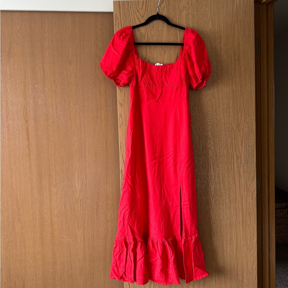 Elegant Red Puff Sleeve Dress